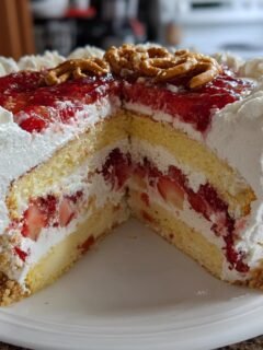 A slice of Irresistible Strawberry Crunch Cake showing layers of sponge cake, whipped cream, fresh strawberries, and strawberry filling.