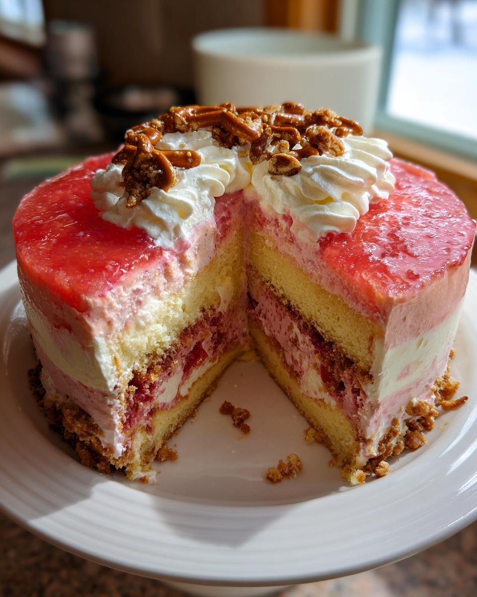 A slice of Irresistible Strawberry Crunch Cake showing layers of sponge, cream, strawberry filling, and a crunchy topping.