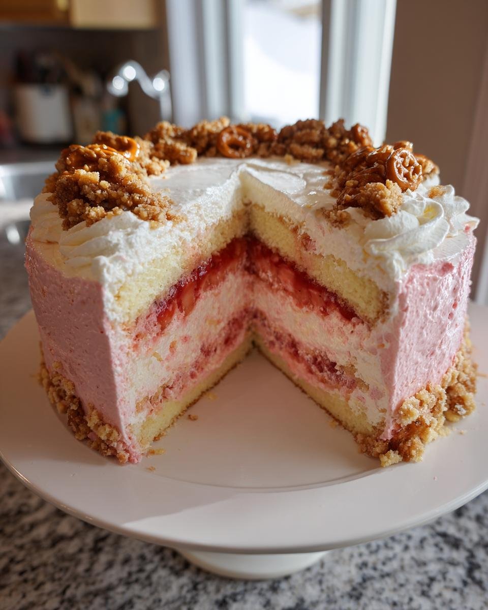 A slice of Irresistible Strawberry Crunch Cake showing layers of strawberry filling, cream, and cake with a crunchy topping.