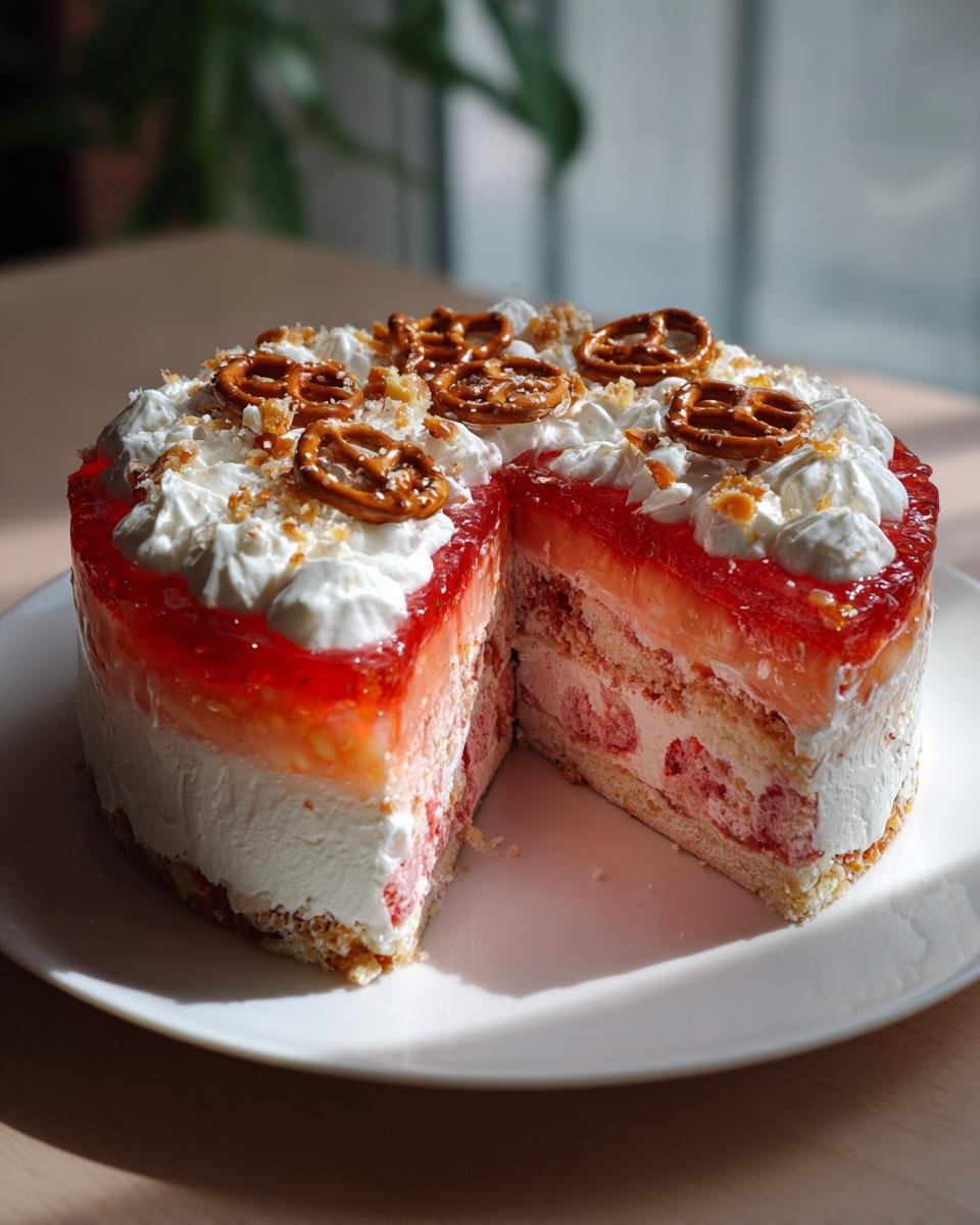 A slice of Irresistible Strawberry Crunch Cake, featuring layers of cake, cream, strawberries, and jelly topping with pretzels.