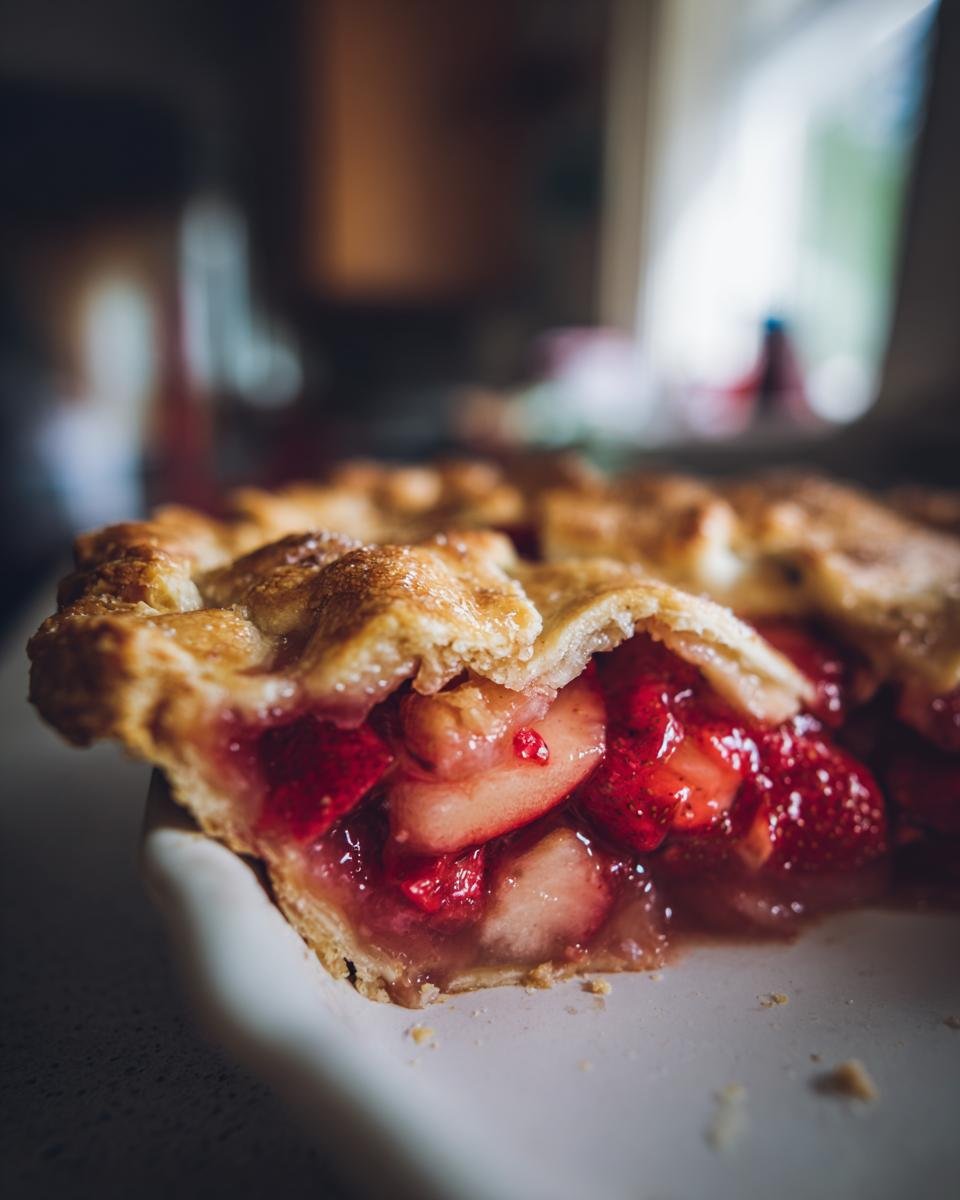 A close-up of a slice of Irresistible Strawberry Rhubarb Pie, showcasing the juicy filling and golden crust.