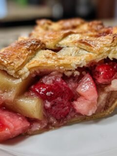 A close-up of a slice of Irresistible Strawberry Rhubarb Pie, showcasing the flaky crust and juicy fruit filling.
