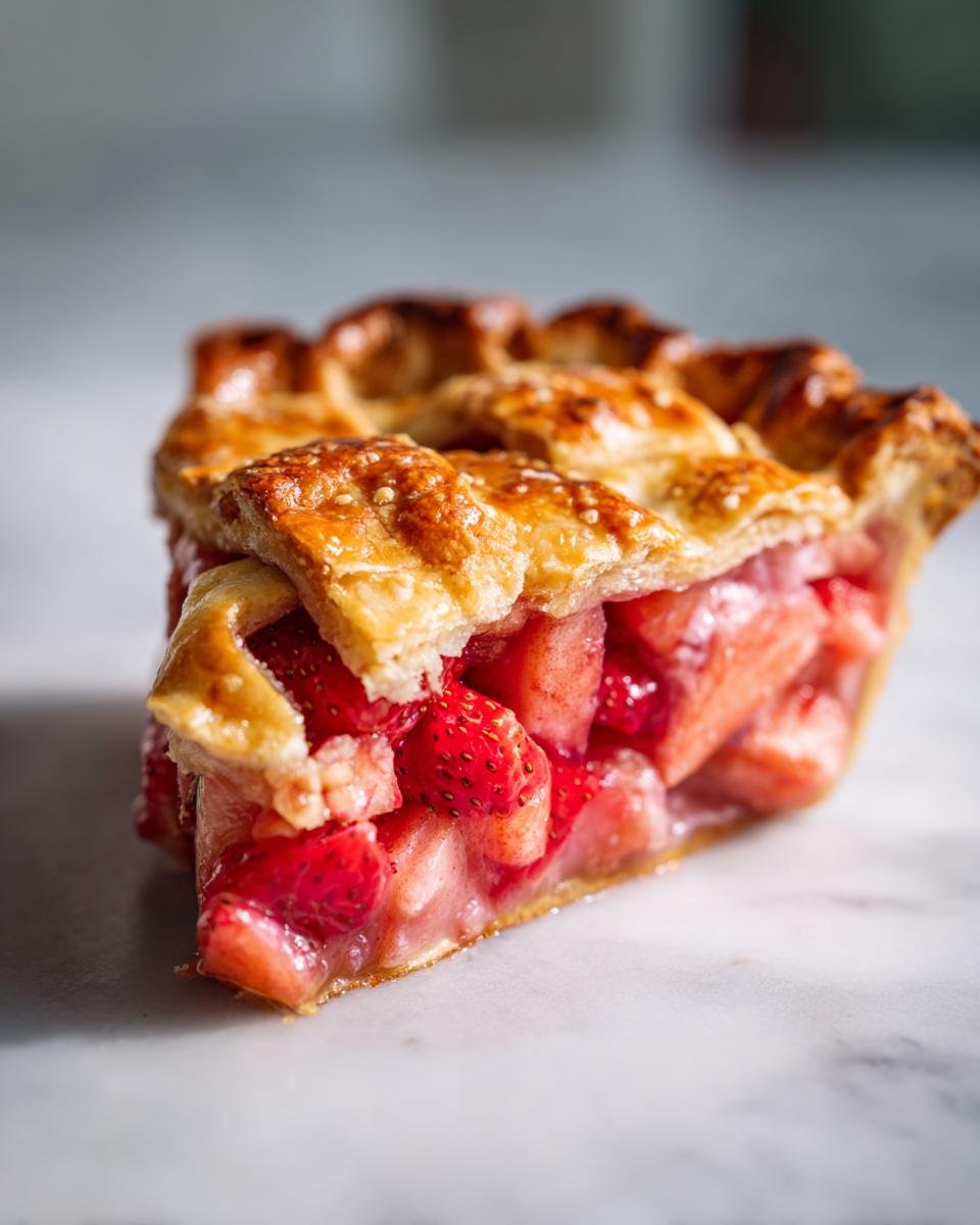 A close-up of a slice of Irresistible Strawberry Rhubarb Pie, showcasing the flaky crust and vibrant fruit filling.
