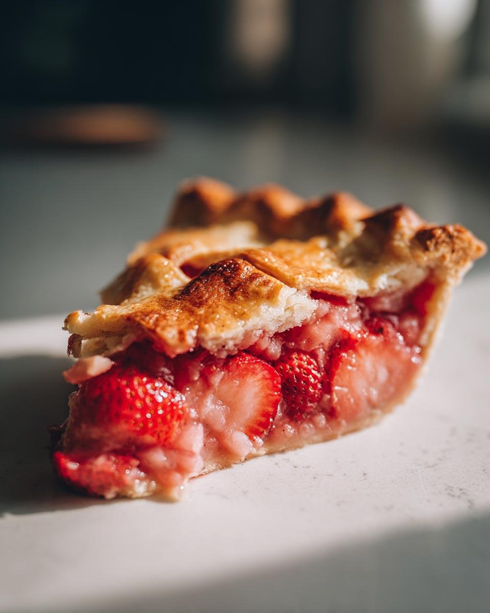 A close-up of a slice of Irresistible Strawberry Rhubarb Pie, showcasing the golden crust and juicy strawberry filling.