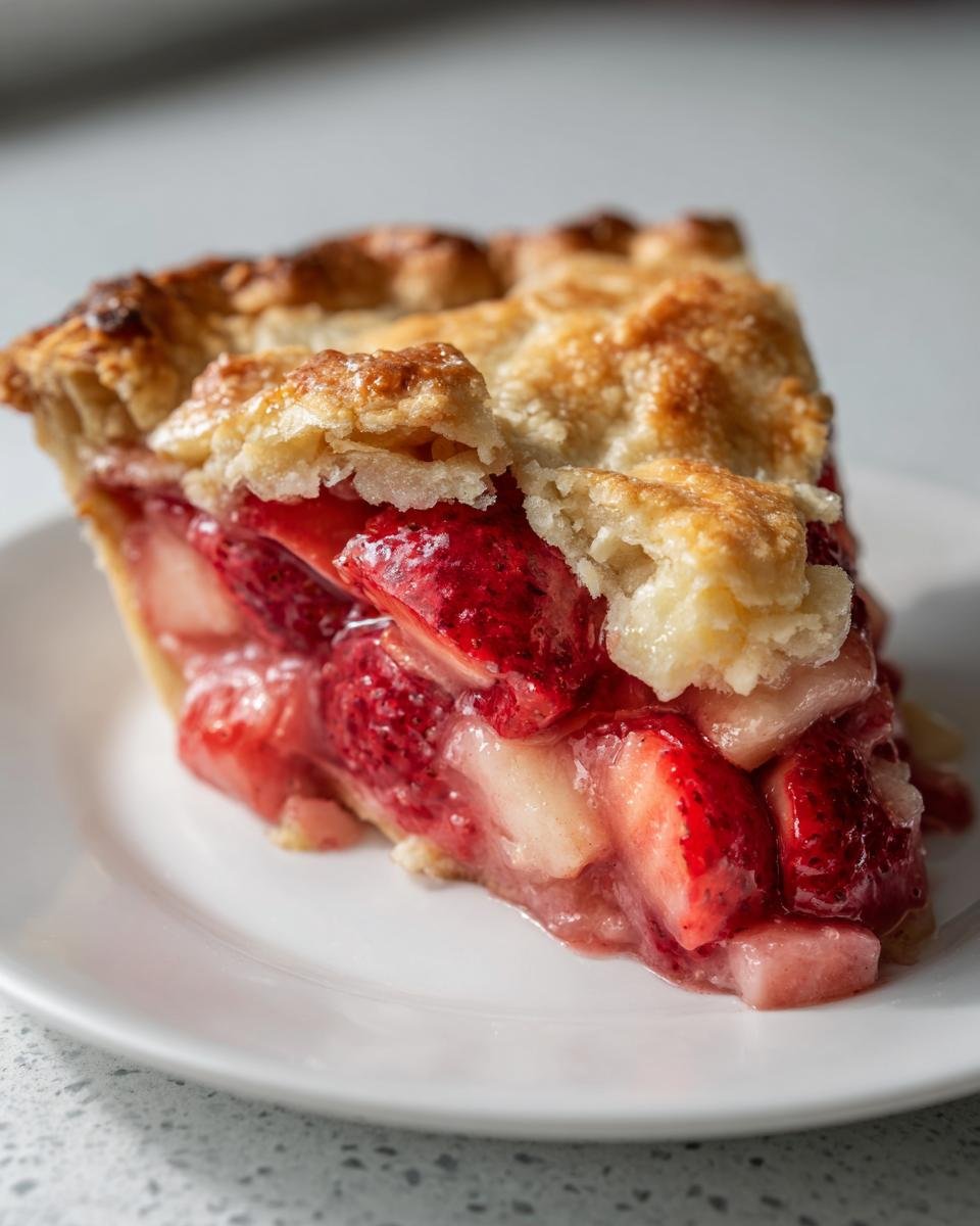A close-up of a slice of Irresistible Strawberry Rhubarb Pie on a white plate, showcasing the juicy filling and flaky crust.