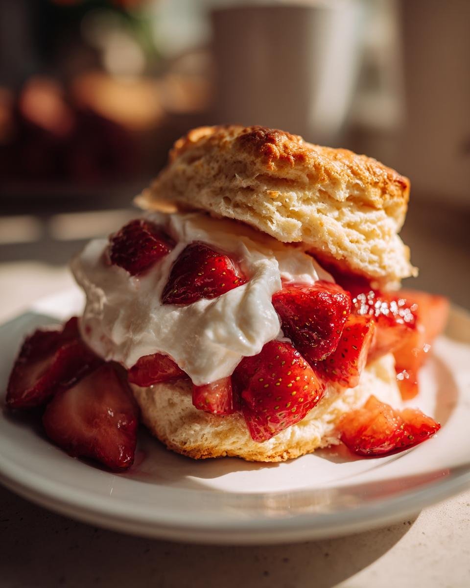 A close-up of an Irresistible Strawberry Shortcake with fresh strawberries and whipped cream on a biscuit.