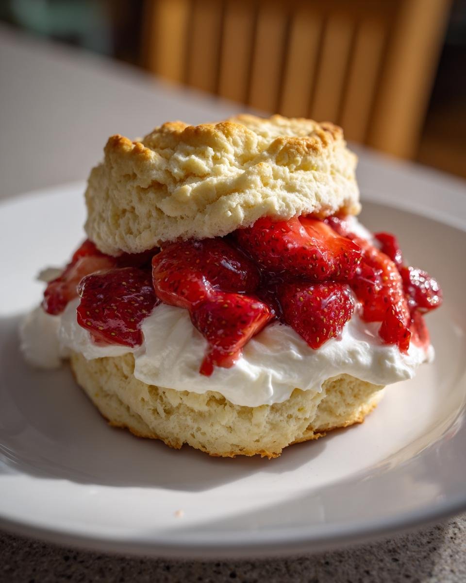 Close-up of an Irresistible Strawberry Shortcake with fresh strawberries and whipped cream on a biscuit.