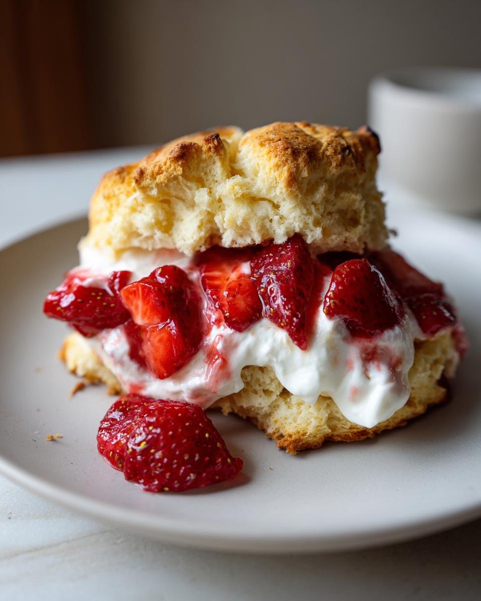 Close-up of an Irresistible Strawberry Shortcake with fresh strawberries and whipped cream between biscuit halves.