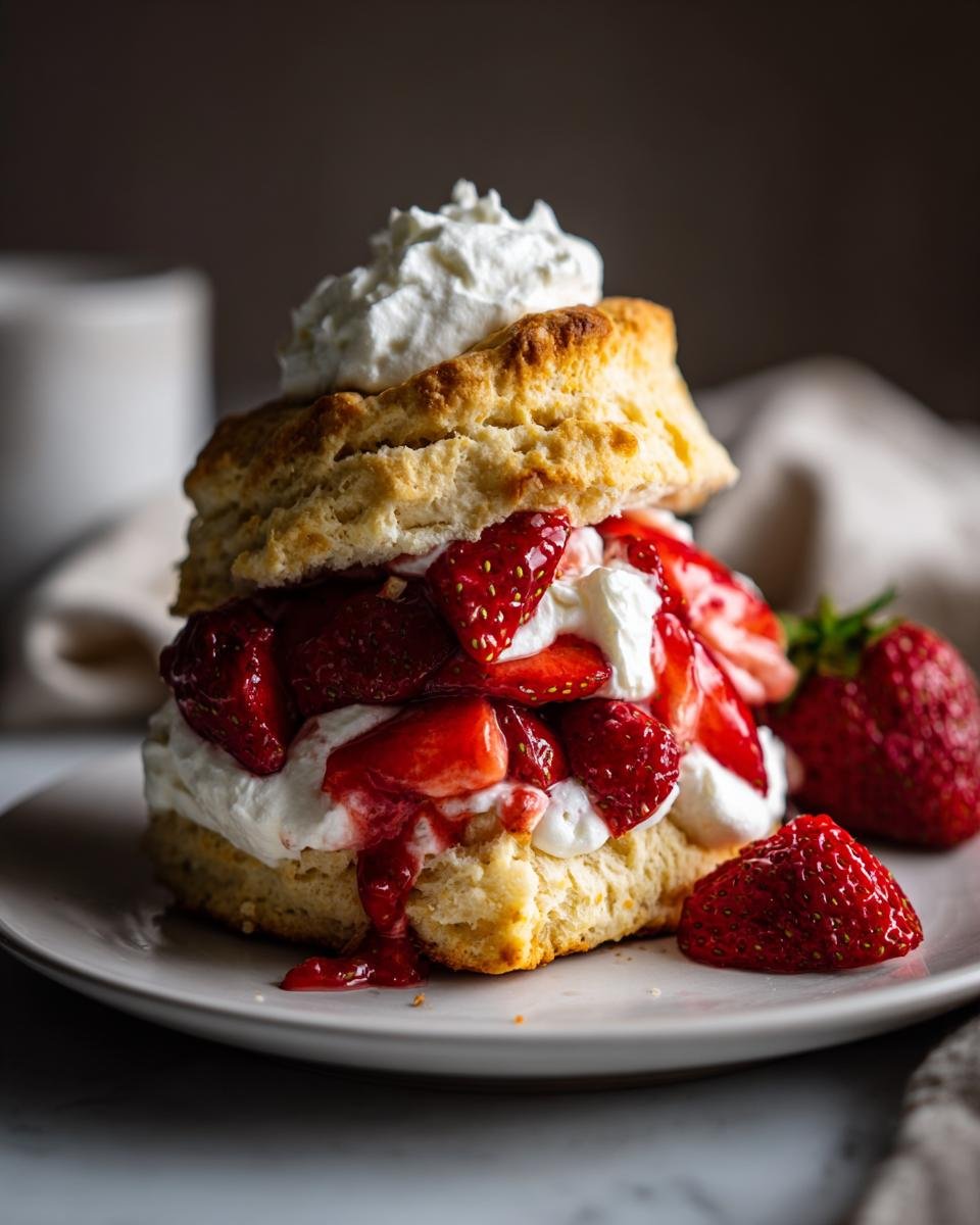 A close-up of an Irresistible Strawberry Shortcake, featuring layers of biscuits, fresh strawberries, and whipped cream.