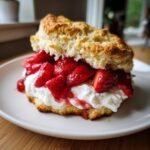 Close-up of an Irresistible Strawberry Shortcake with fluffy biscuit, fresh strawberries, and whipped cream.