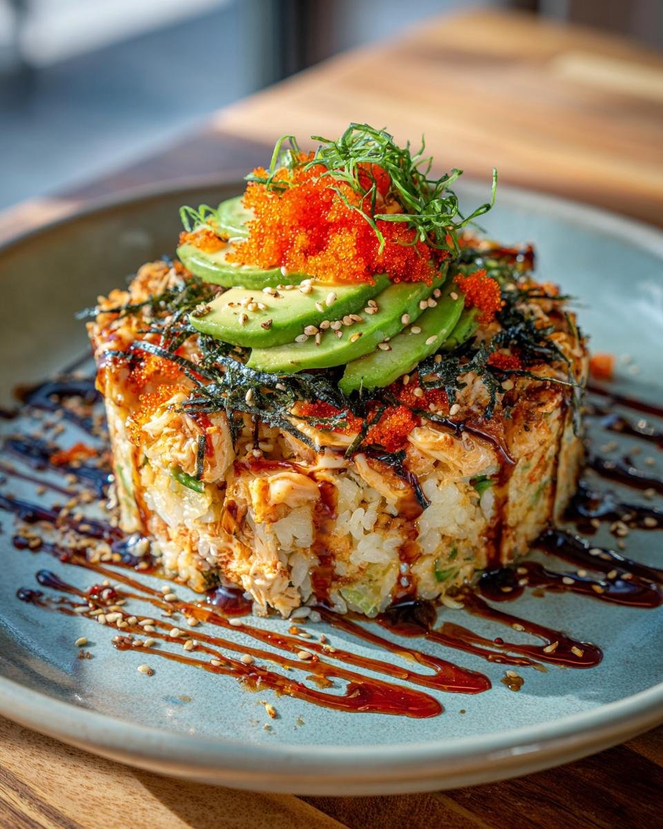 A tall, cylindrical serving of Irresistible Sushi Bake Recipe Easy Delicious Delight, topped with avocado, tobiko, and seaweed.