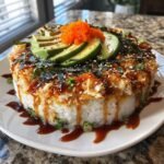 A delicious and irresistible sushi bake topped with avocado, tobiko, nori, and a drizzle of sauce.