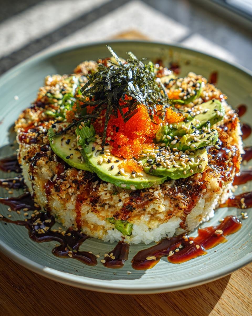 Close-up of an Irresistible Sushi Bake Recipe, topped with avocado, masago, nori, and sesame seeds, drizzled with sauce.