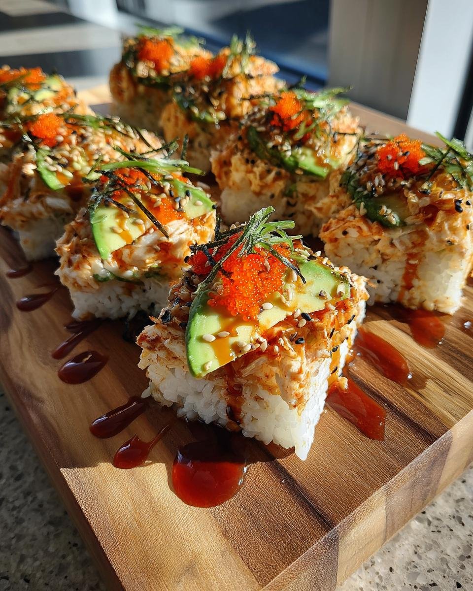 Close-up of an Irresistible Sushi Bake Recipe, featuring layers of rice, crab, avocado, and roe on a wooden board.