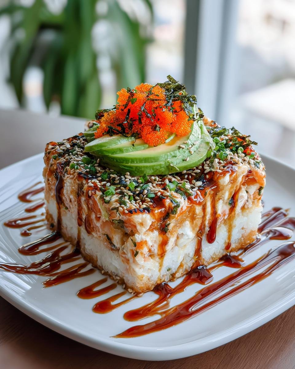 A square slice of Irresistible Sushi Bake Recipe, topped with avocado, tobiko, and sesame seeds.