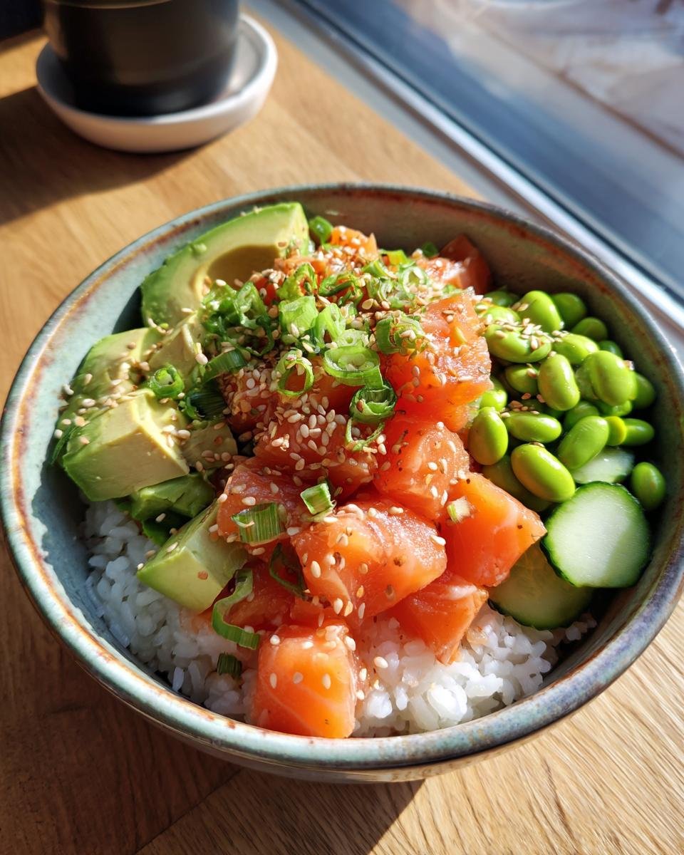 Close-up of an irresistible sushi bowl featuring rice, fresh salmon, avocado slices, edamame, and cucumber, topped with sesame seeds and green onions.