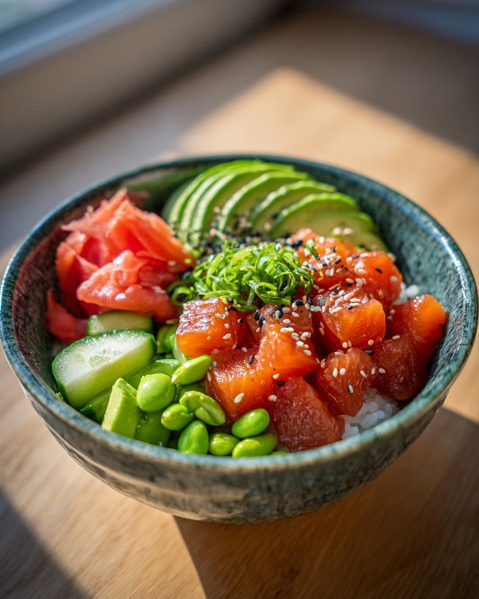 A close-up of an irresistible sushi bowl filled with rice, diced salmon, avocado slices, edamame, and pickled ginger.