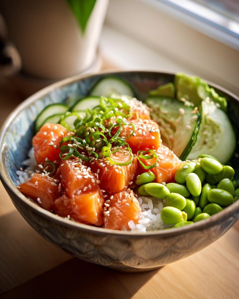 Close-up of an Irresistible Sushi Bowl featuring fresh salmon cubes, white rice, edamame, and cucumber slices, topped with sesame seeds and green onions.