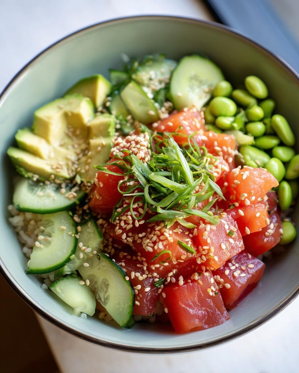 A close-up of an irresistible sushi bowl filled with rice, diced tuna, avocado, cucumber, and edamame, sprinkled with sesame seeds.