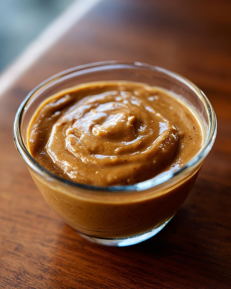 A close-up of a glass bowl filled with Irresistible Thai Peanut Sauce, showing its creamy texture.