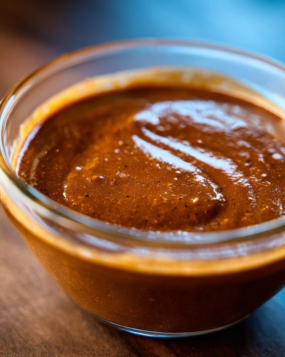 Close-up of Irresistible Thai Peanut Sauce in a clear glass bowl, showing its rich texture and color.