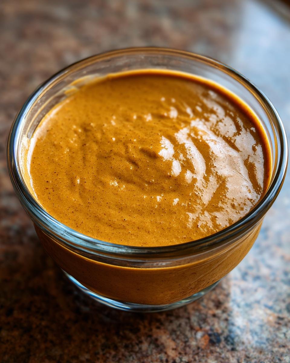 A close-up shot of a glass bowl filled with Irresistible Thai Peanut Sauce, showcasing its smooth texture.