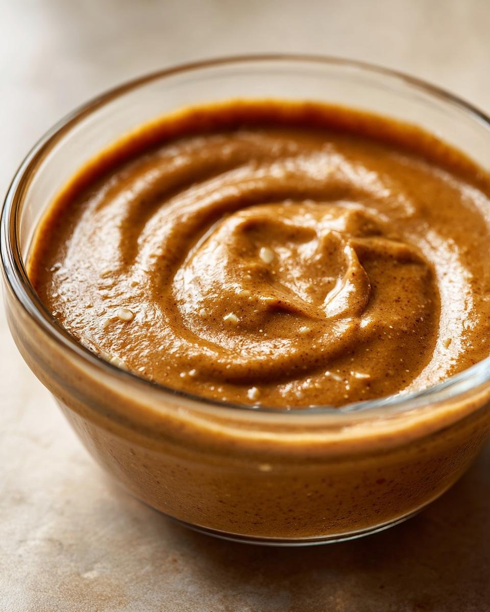 Close-up of Irresistible Thai Peanut Sauce Recipe in a glass bowl, showing its creamy texture and swirl pattern.