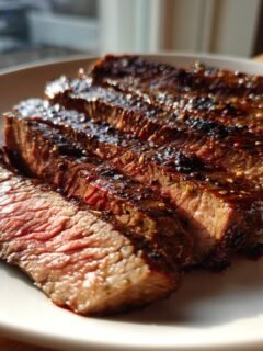 Close-up of sliced, grilled flank steak with a glossy glaze and visible seasoning, perfect for Memorial Day.