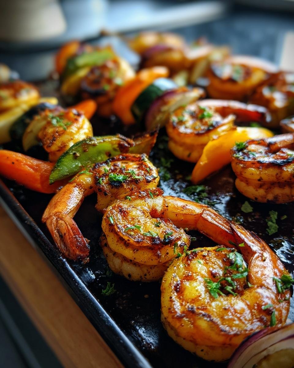 Close-up of perfectly grilled shrimp with colorful vegetables, seasoned and garnished with herbs.