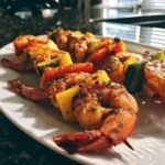 Close-up of grilled shrimp skewers with colorful bell peppers and zucchini, seasoned and ready for Memorial Day.