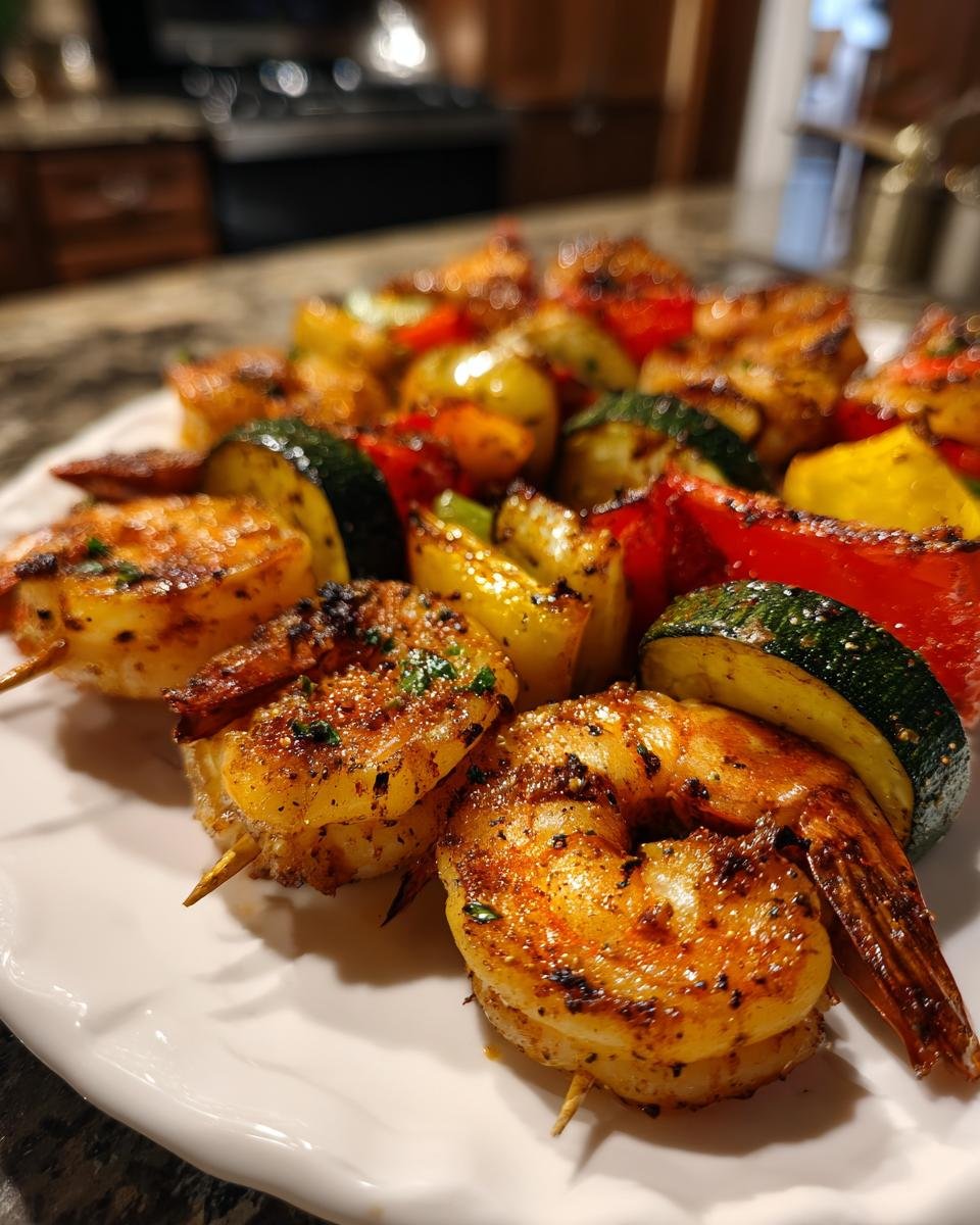 Close-up of Memorial Day grilled shrimp skewers with colorful bell peppers and zucchini, seasoned and charred.