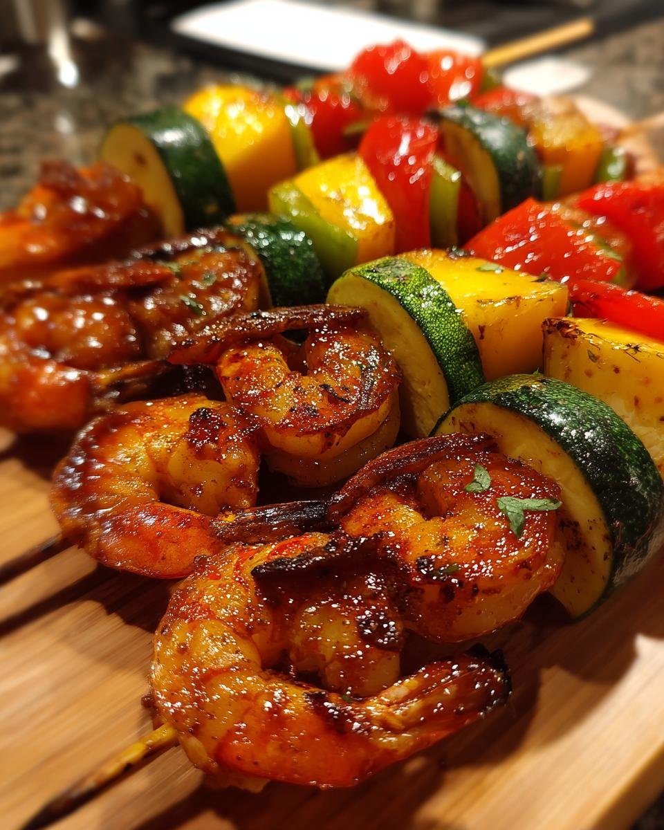 Close-up of delicious Memorial Day grilled shrimp skewers with zucchini, bell peppers, and tomatoes.