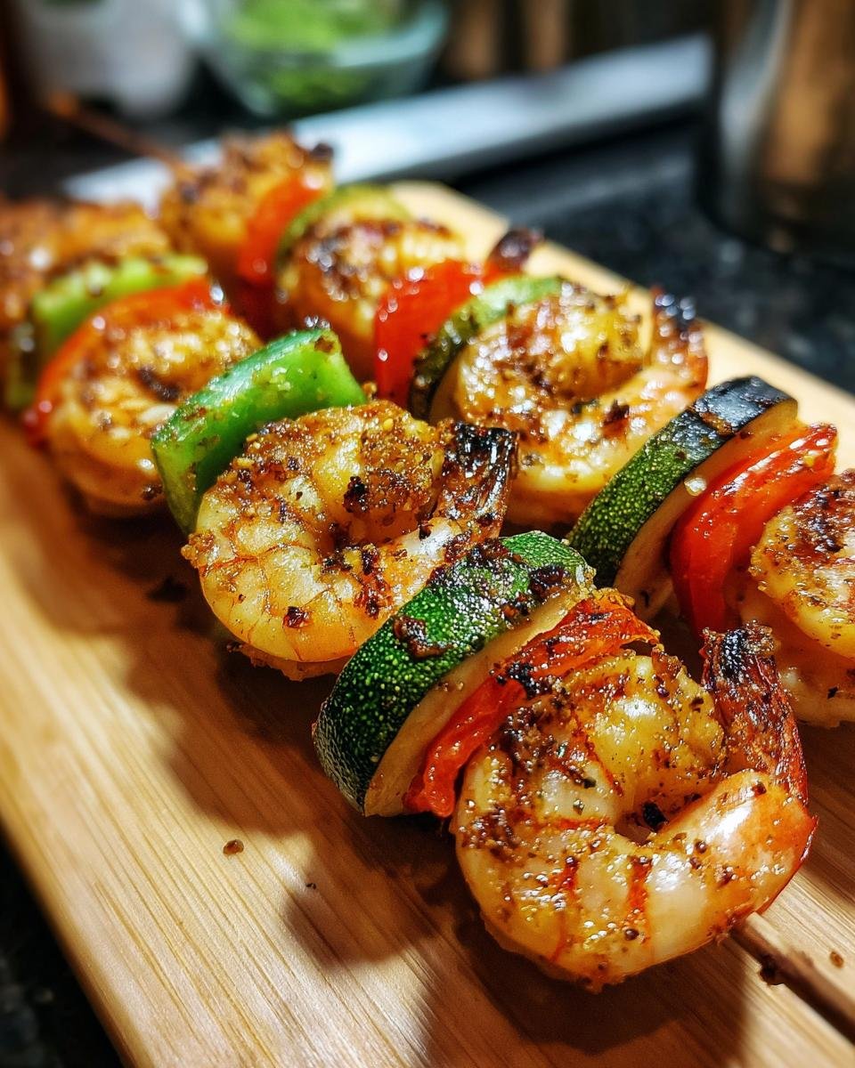Close-up of Memorial Day grilled shrimp skewers with colorful bell peppers, zucchini, and seasoning.