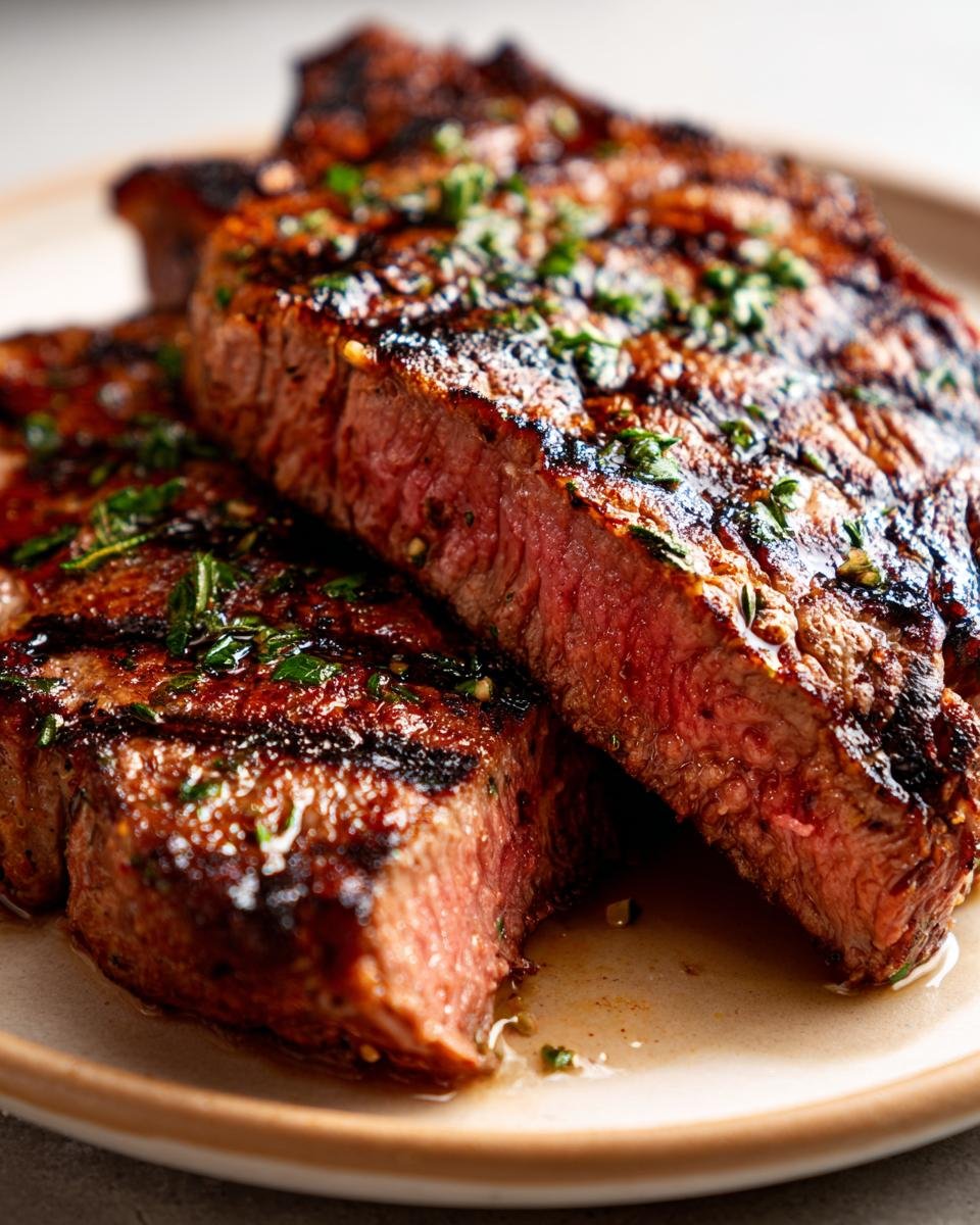 Close-up of two perfectly grilled steaks, seasoned with herbs, ready for Memorial Day.