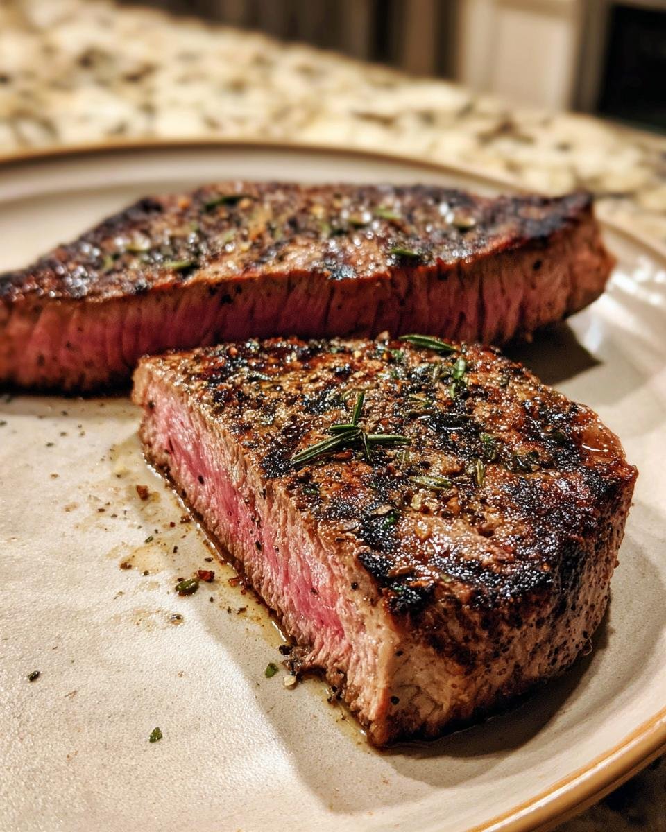 Close-up of two perfectly grilled steaks, seasoned with herbs, showcasing a juicy pink interior.