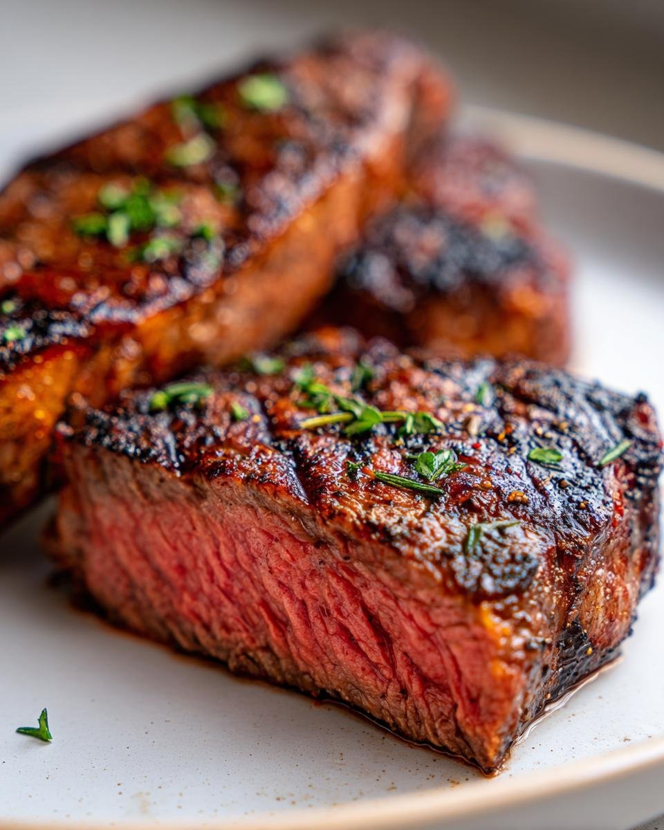 Close-up of a perfectly grilled steak, sliced to reveal a juicy medium-rare interior, garnished with herbs.