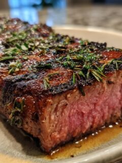 Close-up of a perfectly grilled steak, seasoned with rosemary, showing a medium-rare pink interior.