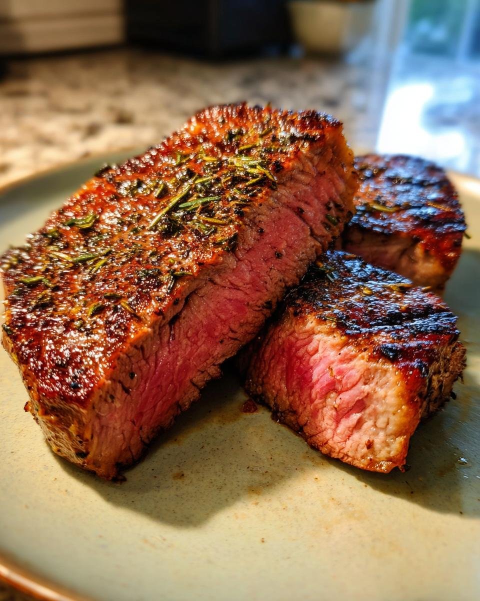 Close-up of perfectly grilled steak, seasoned with herbs, sliced to show a juicy medium-rare interior.