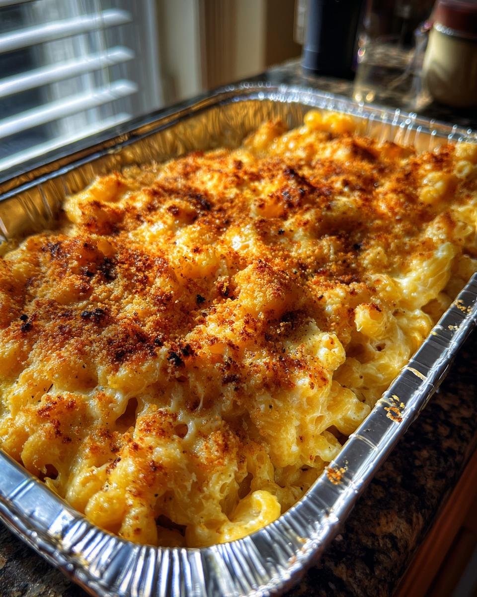 Close-up of Irresistible Memorial Day Smoked Mac and Cheese in a foil pan, with a golden-brown crispy topping.