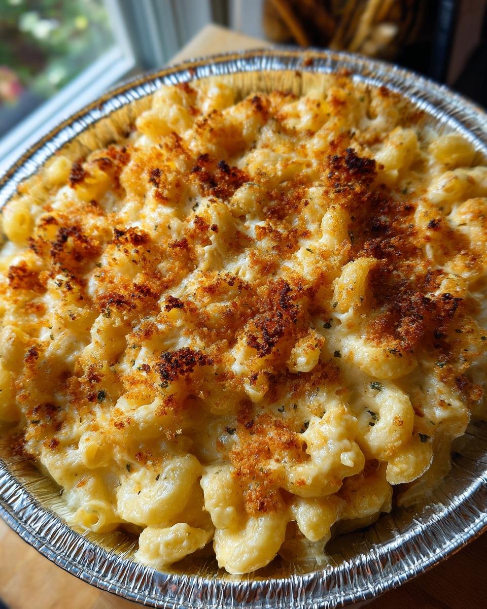 Close-up of Irresistible Memorial Day Smoked Mac And Cheese in a foil pan, topped with toasted breadcrumbs.