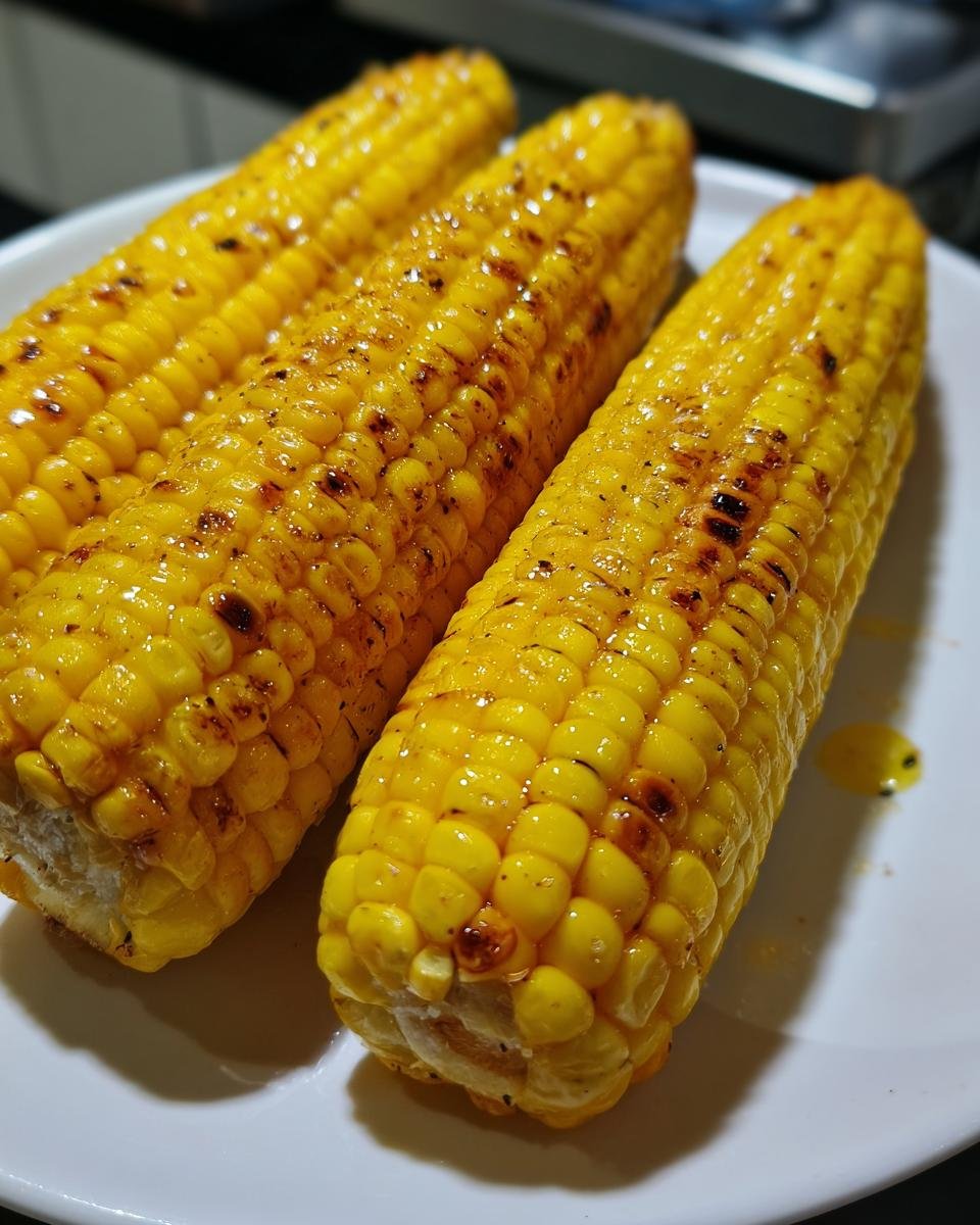 Three ears of perfectly cooked air fryer corn on the cob, glistening with butter and lightly charred.
