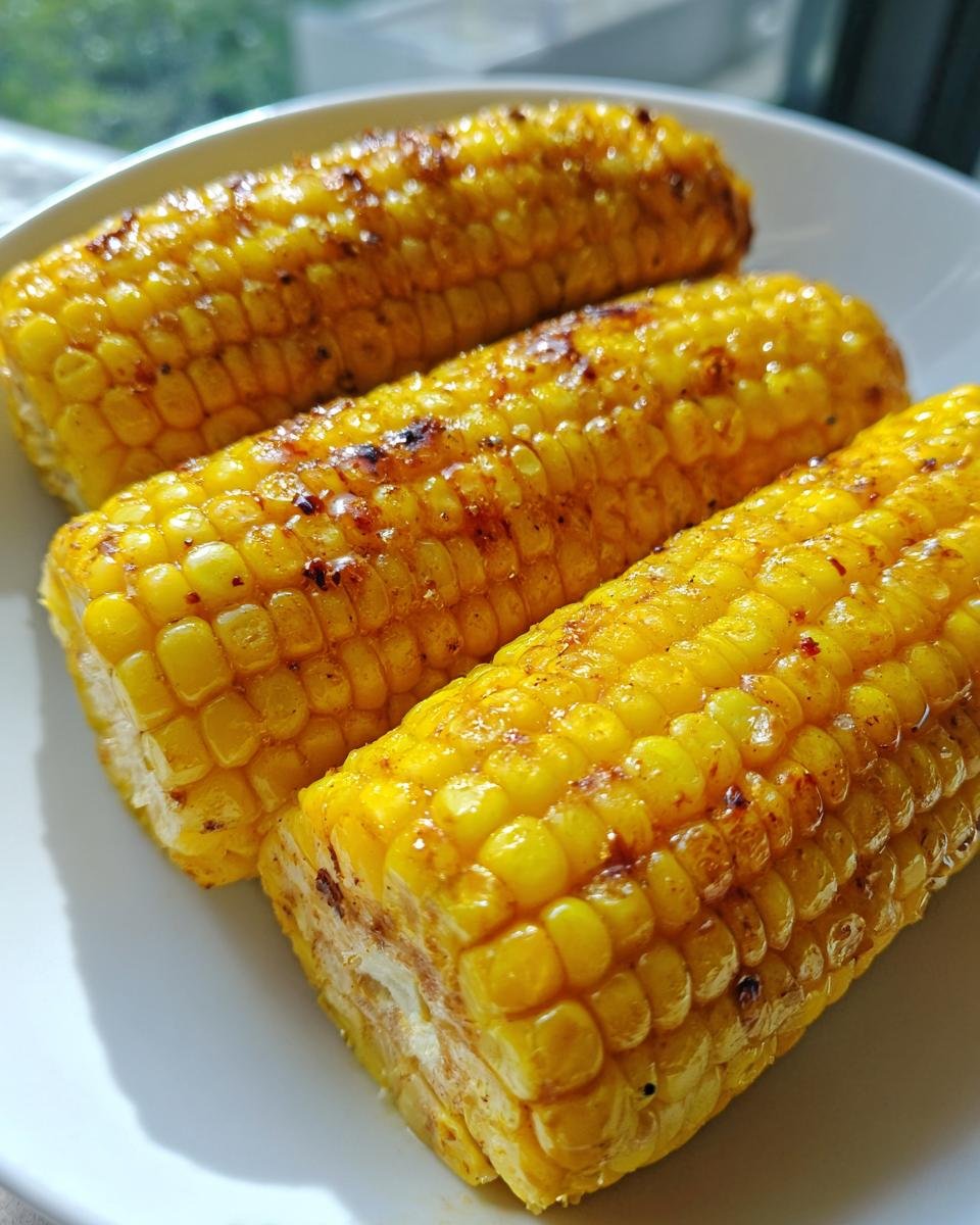 Three ears of Perfect Air Fryer Corn On The Cob, seasoned and lightly charred, served on a white plate.
