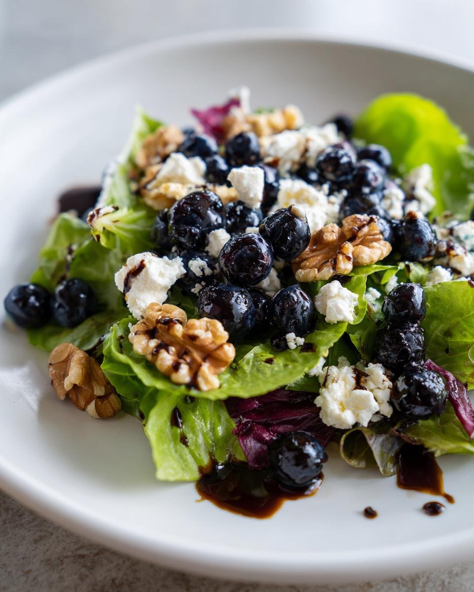 A refreshing blueberry salad with walnuts and feta cheese, drizzled with balsamic glaze.
