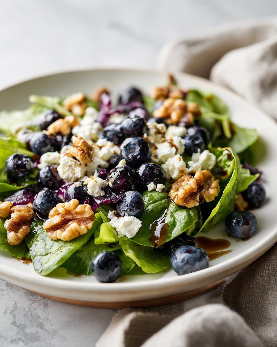 A refreshing blueberry salad with spinach, feta cheese, walnuts, and blueberries, drizzled with dressing.
