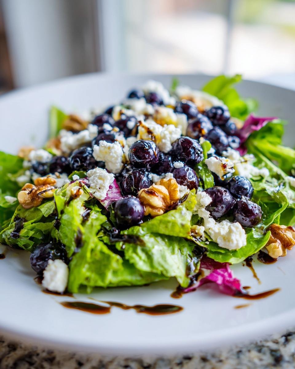 A refreshing blueberry salad with fresh greens, blueberries, crumbled feta cheese, walnuts, and a balsamic glaze.