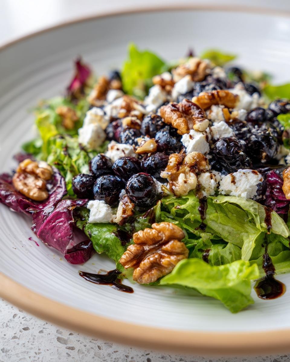 A close-up of a refreshing blueberry salad with walnuts, feta cheese, and balsamic glaze.