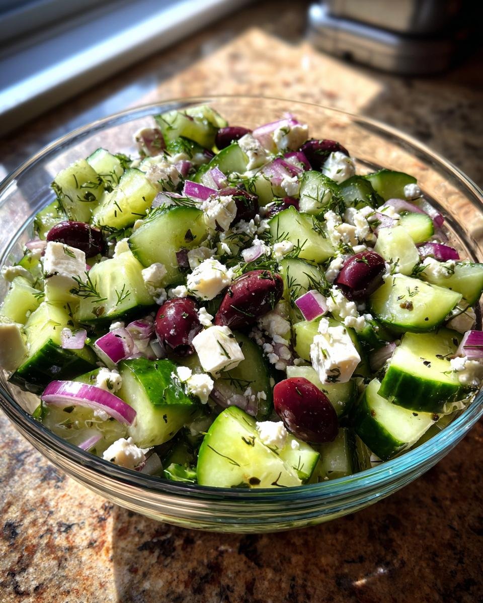 A close-up of a refreshing cucumber feta salad in a glass bowl, featuring chopped cucumbers, feta cheese, red onion, and Kalamata olives.