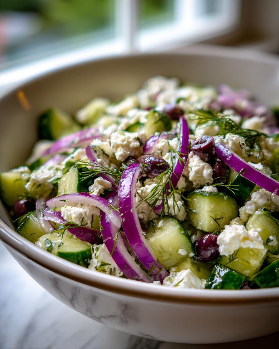 Close-up of a refreshing cucumber feta salad with red onion, olives, and dill in a marble bowl.