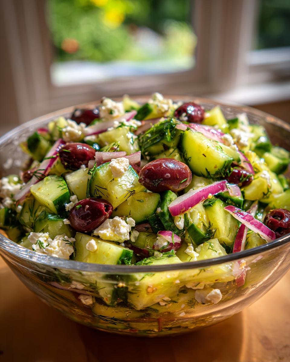 A close-up of a refreshing cucumber feta salad in a glass bowl, featuring chopped cucumbers, feta cheese, Kalamata olives, and red onion.