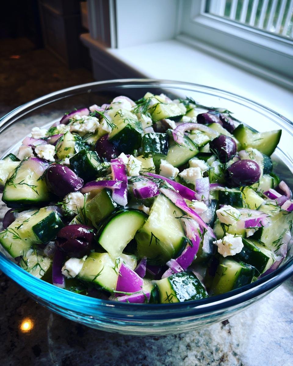 A close-up of a refreshing cucumber feta salad with olives, red onion, and dill in a glass bowl.